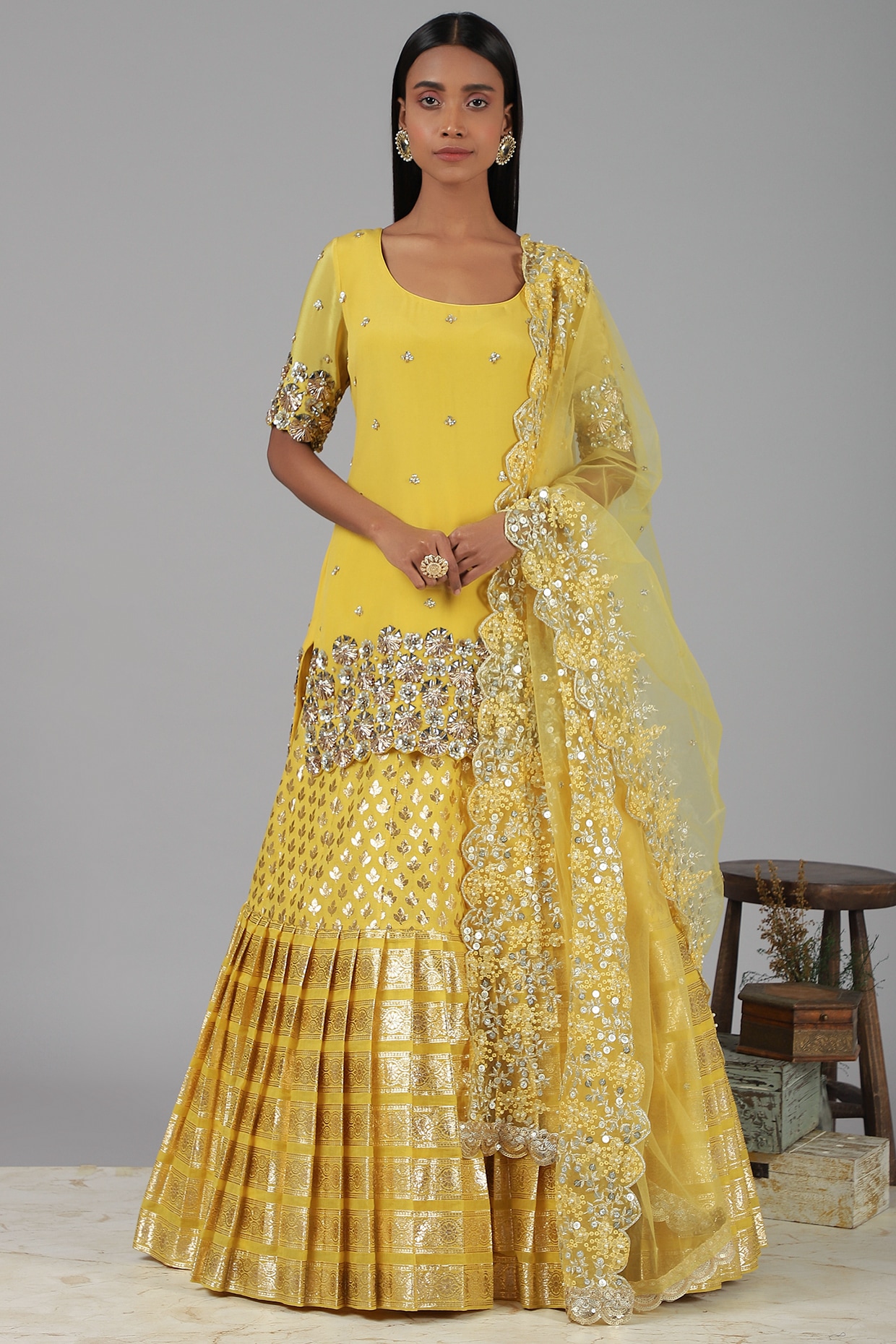 Yellow Festive Wear Woven Heavy Brocade Lehenga Choli