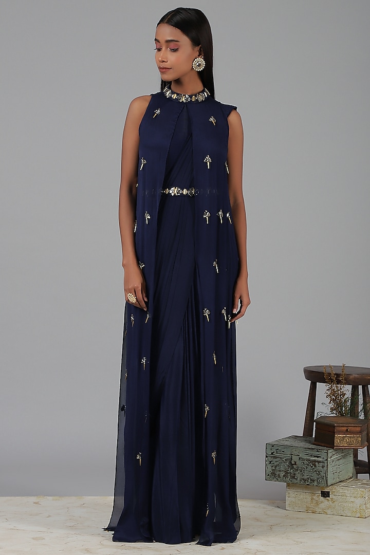 Midnight Blue Embellished Wedding Saree Set by Nidhika Shekhar at Pernia's Pop Up Shop