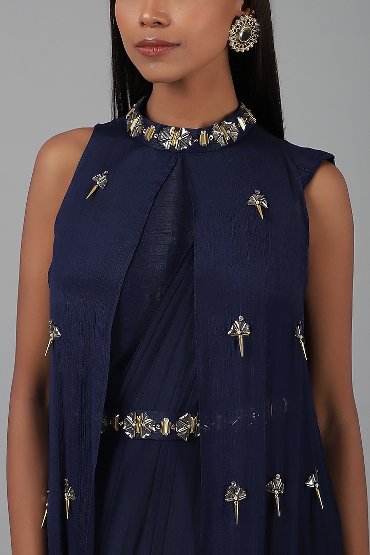 Midnight Blue Embellished Wedding Saree Set by Nidhika Shekhar at Pernia's Pop Up Shop