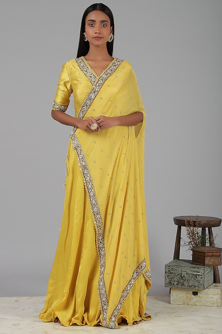 Yellow Embroidered Draped Lehenga Set by Nidhika Shekhar