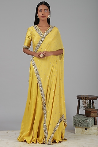 Yellow Embroidered Draped Lehenga Set by Nidhika Shekhar