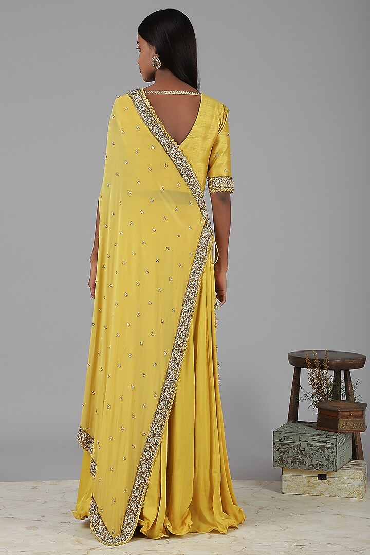 Yellow Embroidered Draped Wedding Lehenga Set by Nidhika Shekhar at Pernia's Pop Up Shop