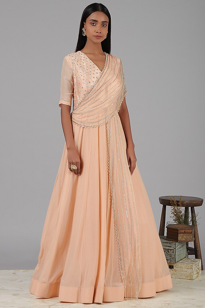 Blush Pink Draped Engagement Gown by Nidhika Shekhar at Pernia's Pop Up Shop