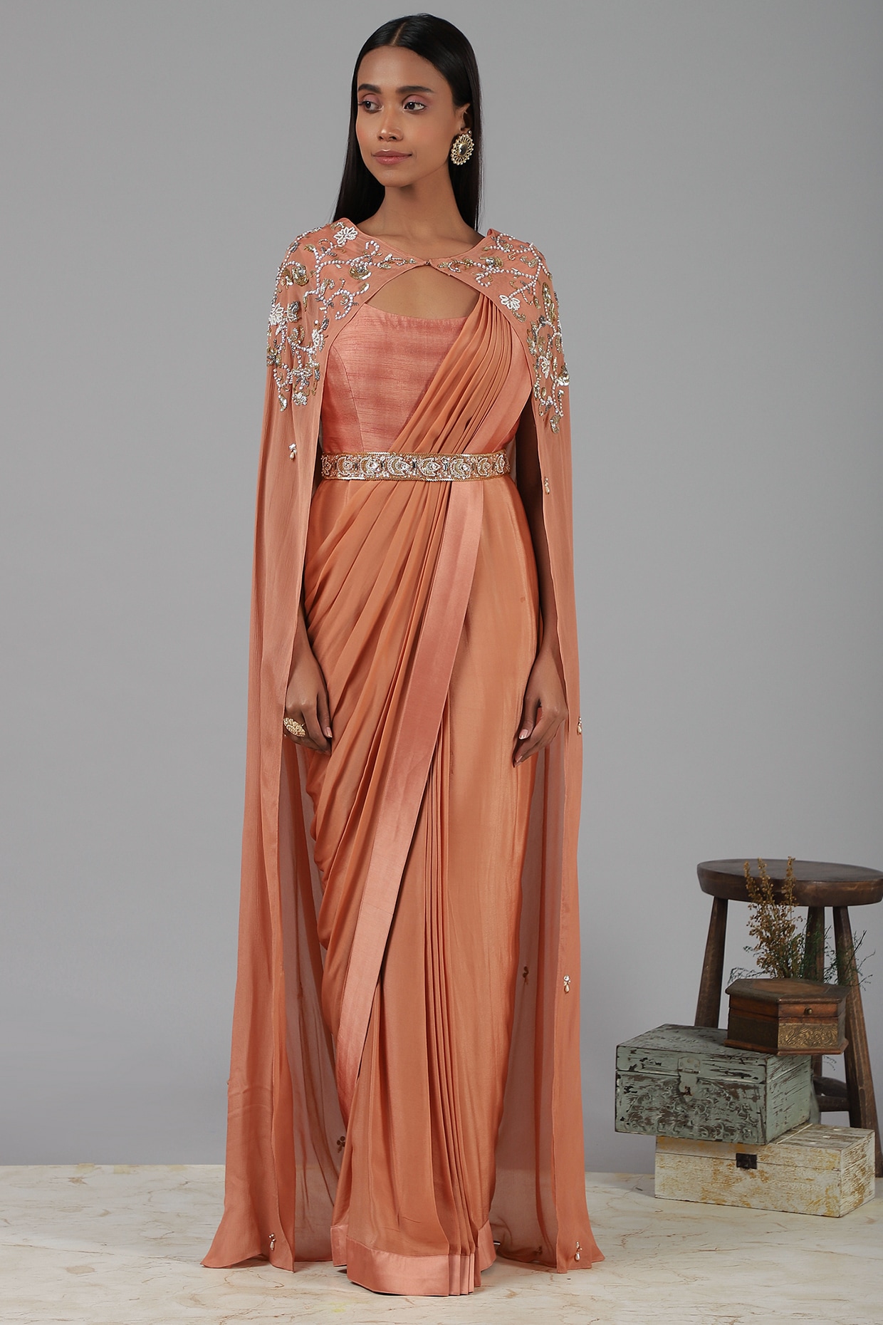 Embroidered Georgette Saree Style Gown in Green and Beige : TUC526