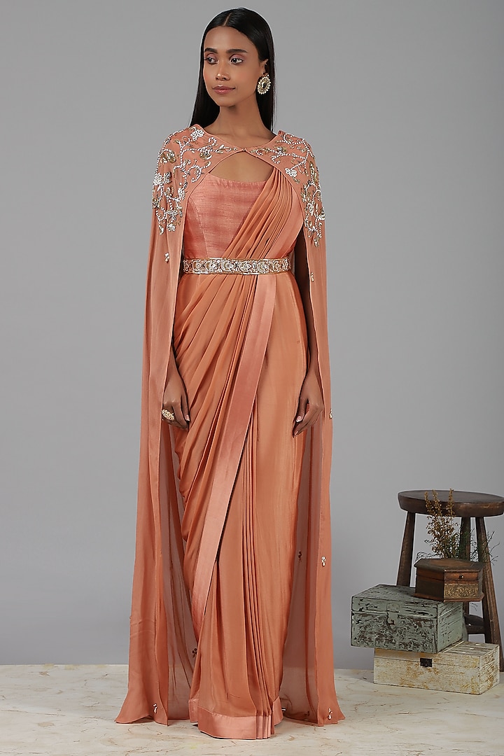 Coral Embroidered Saree Gown by Nidhika Shekhar
