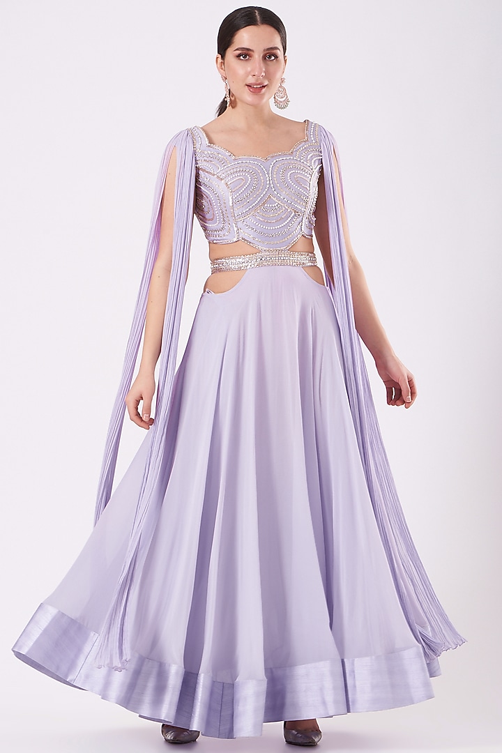 Lilac Hand Embroidered Handcrafted Cut-Out Gown by Nidhika Shekhar at Pernia's Pop Up Shop