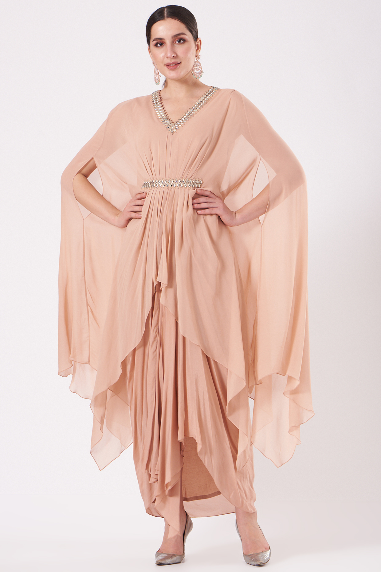 Blush Pink Hand Embroidered Draped Gown by Nidhika Shekhar