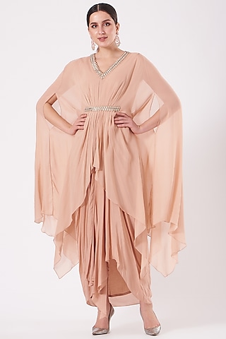 Blush Pink Hand Embroidered Draped Gown by Nidhika Shekhar
