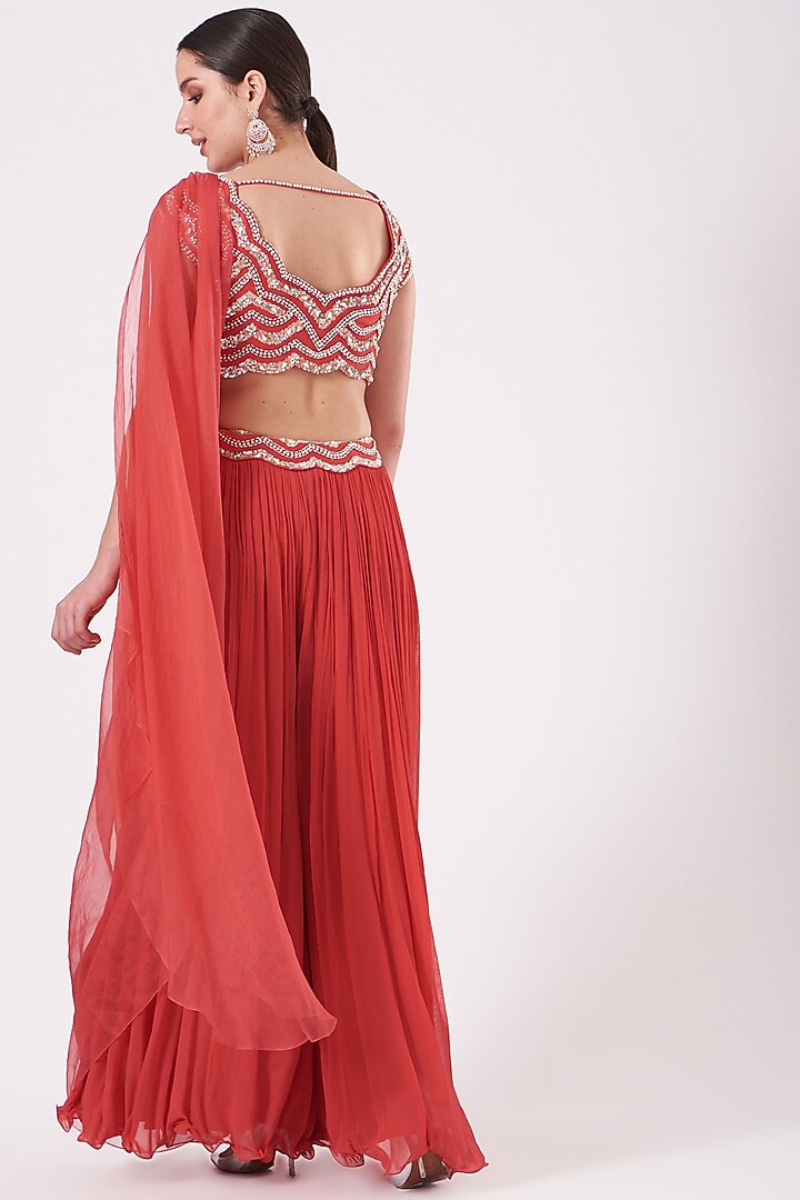 Pure Red Crepe Pre-Draped Wedding Saree Set by Nidhika Shekhar at Pernia's Pop Up Shop