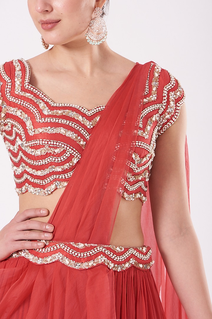 Pure Red Crepe Pre-Draped Wedding Saree Set by Nidhika Shekhar at Pernia's Pop Up Shop