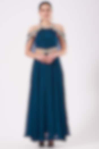 Cobalt Blue Handcrafted Cold-Shoulder Gown by Nidhika Shekhar at Pernia's Pop Up Shop