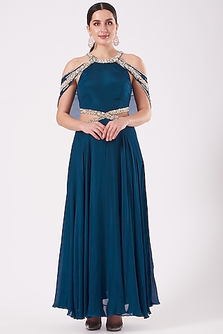 Cobalt Blue Handcrafted Cold-Shoulder Gown by Nidhika Shekhar