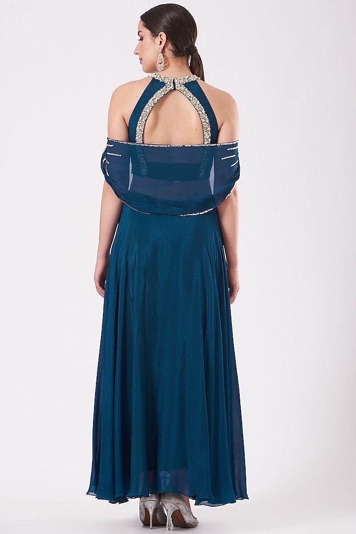 Cobalt Blue Handcrafted Cold-Shoulder Gown by Nidhika Shekhar at Pernia's Pop Up Shop
