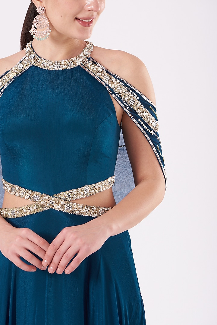 Cobalt Blue Handcrafted Cold-Shoulder Gown by Nidhika Shekhar at Pernia's Pop Up Shop