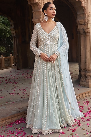 Sage Green Georgette & Net Sequins Embroidered Anarkali Set by Nidhika Shekhar