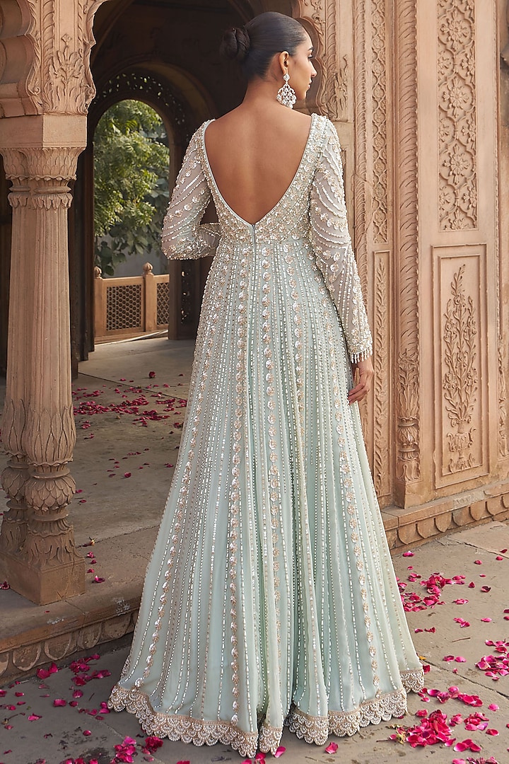Sage Green Georgette & Net Sequins Embroidered Bridal Anarkali Set by Nidhika Shekhar at Pernia's Pop Up Shop
