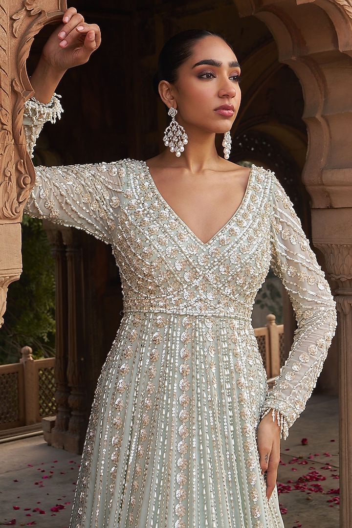 Sage Green Georgette & Net Sequins Embroidered Bridal Anarkali Set by Nidhika Shekhar at Pernia's Pop Up Shop