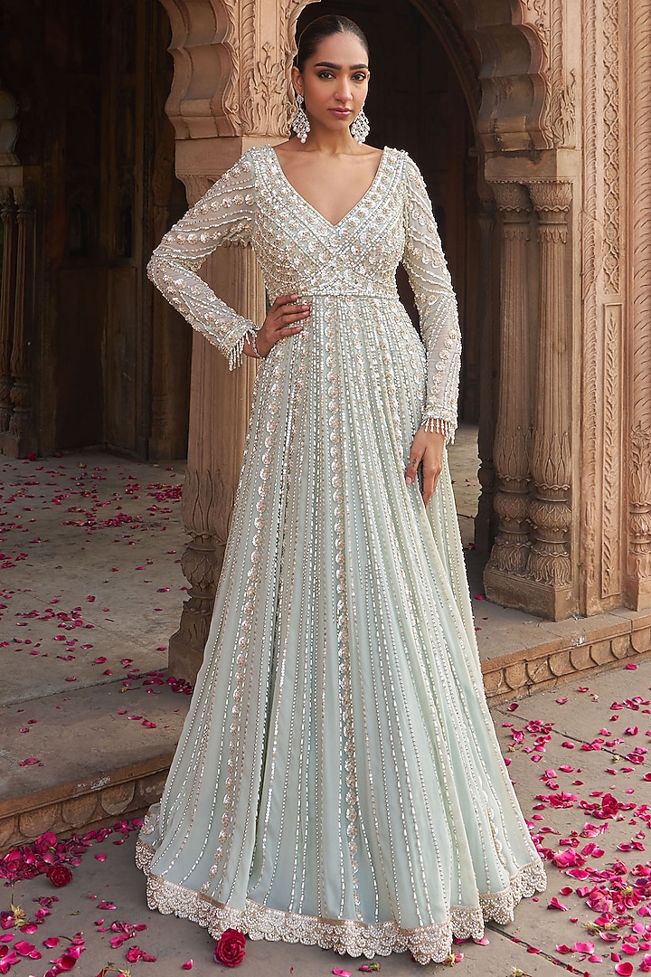 Sage Green Georgette & Net Sequins Embroidered Bridal Anarkali Set by Nidhika Shekhar at Pernia's Pop Up Shop