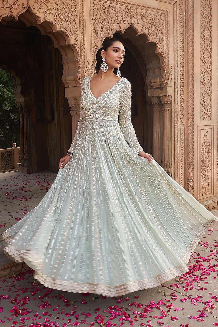 Sage Green Georgette & Net Sequins Embroidered Bridal Anarkali Set by Nidhika Shekhar at Pernia's Pop Up Shop