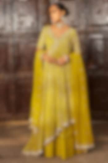 Lime Yellow Chanderi Geometric Embroidered Kalidar Wedding Lehenga Set by Nidhika Shekhar at Pernia's Pop Up Shop