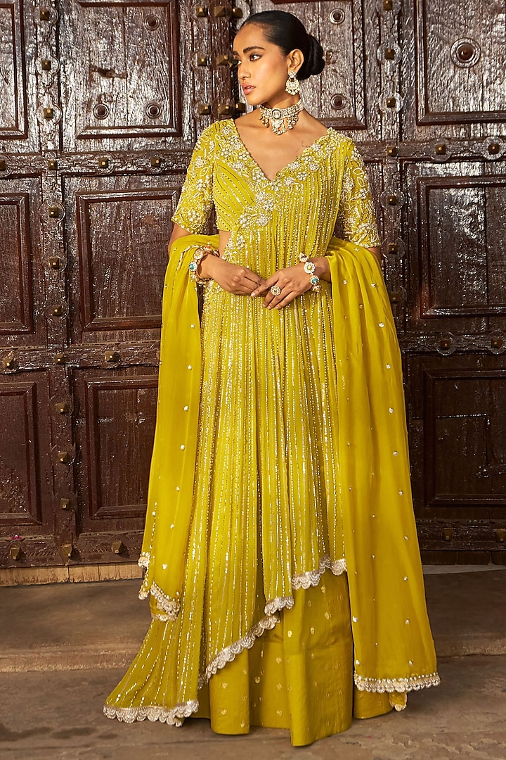 Lime Yellow Chanderi Geometric Embroidered Kalidar Wedding Lehenga Set by Nidhika Shekhar at Pernia's Pop Up Shop