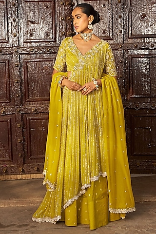 Lime Yellow Chanderi Geometric Embroidered Kalidar Lehenga Set by Nidhika Shekhar