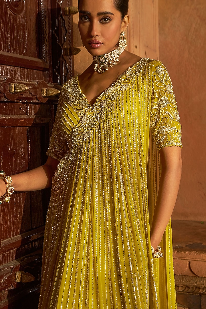 Lime Yellow Chanderi Geometric Embroidered Kalidar Wedding Lehenga Set by Nidhika Shekhar at Pernia's Pop Up Shop