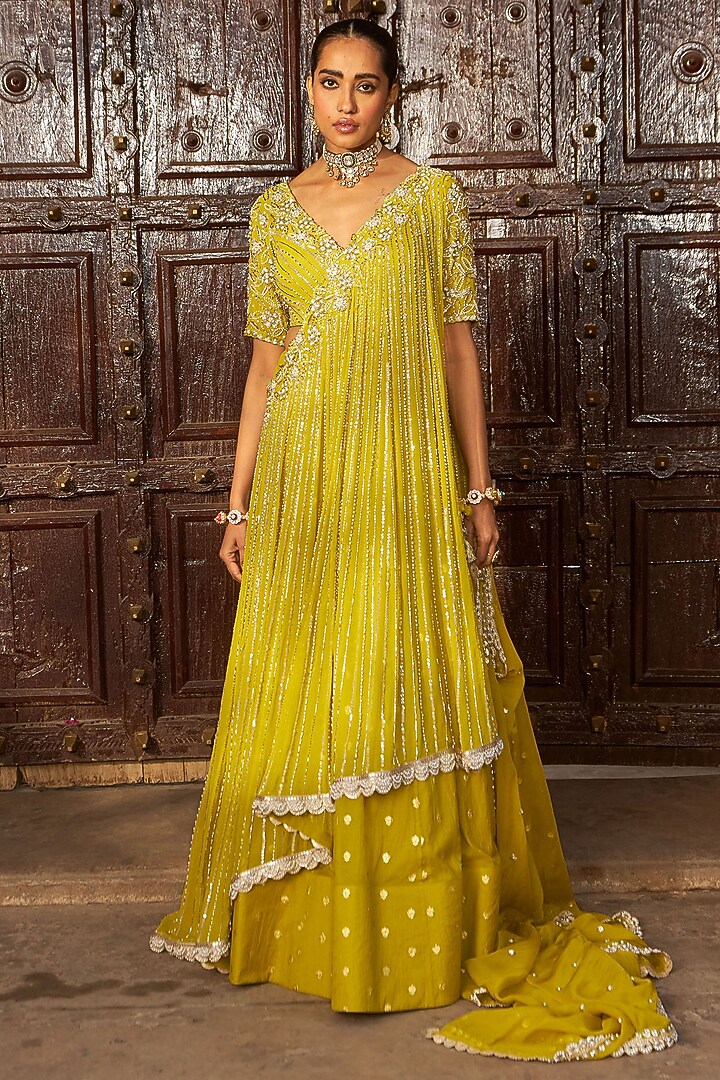 Lime Yellow Chanderi Geometric Embroidered Kalidar Wedding Lehenga Set by Nidhika Shekhar at Pernia's Pop Up Shop