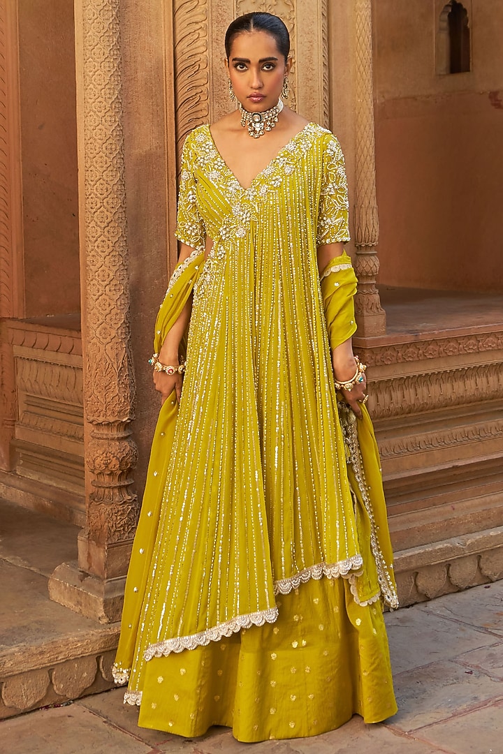 Lime Yellow Chanderi Geometric Embroidered Kalidar Wedding Lehenga Set by Nidhika Shekhar at Pernia's Pop Up Shop