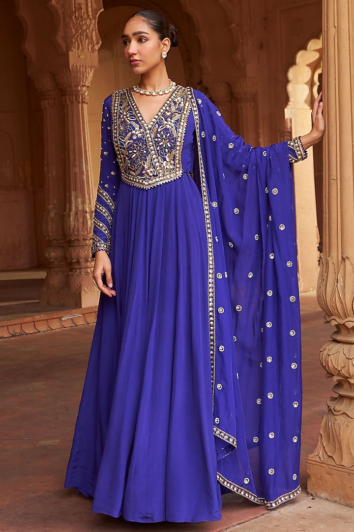 Purple Crepe Sequins Embroidered Wedding Anarkali Set by Nidhika Shekhar at Pernia's Pop Up Shop