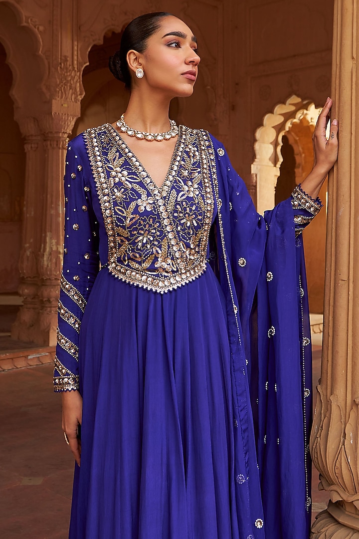 Purple Crepe Sequins Embroidered Wedding Anarkali Set by Nidhika Shekhar at Pernia's Pop Up Shop