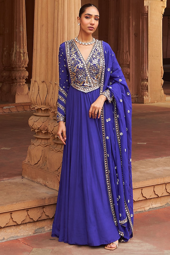 Purple Crepe Sequins Embroidered Wedding Anarkali Set by Nidhika Shekhar at Pernia's Pop Up Shop