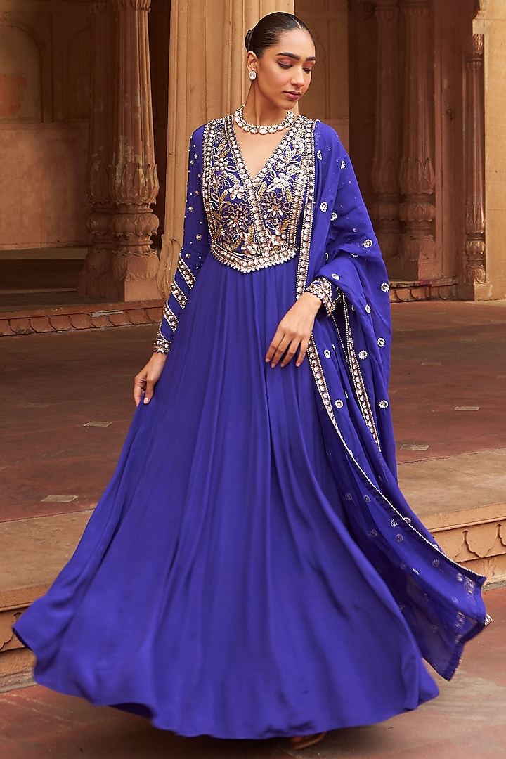 Purple Crepe Sequins Embroidered Wedding Anarkali Set by Nidhika Shekhar at Pernia's Pop Up Shop