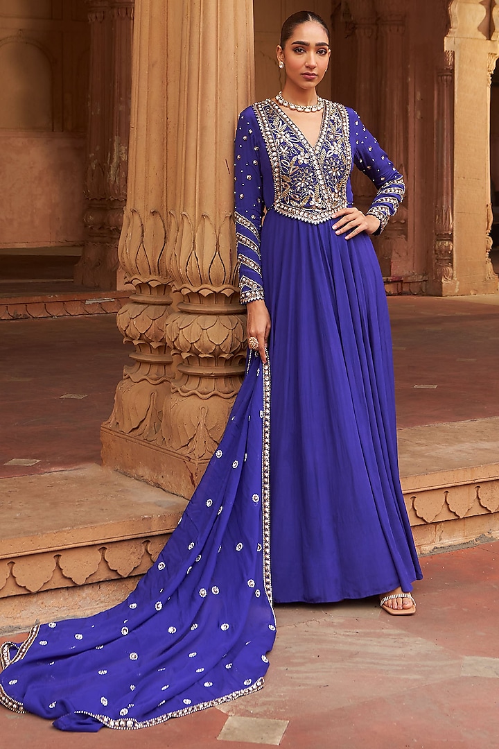 Purple Crepe Sequins Embroidered Wedding Anarkali Set by Nidhika Shekhar at Pernia's Pop Up Shop