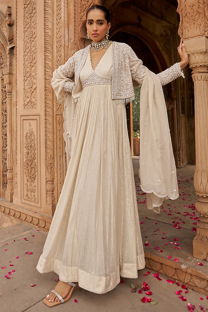 Dirty Ivory Foil Georgette Sequins Embroidered Wedding Anarkali Set by Nidhika Shekhar at Pernia's Pop Up Shop