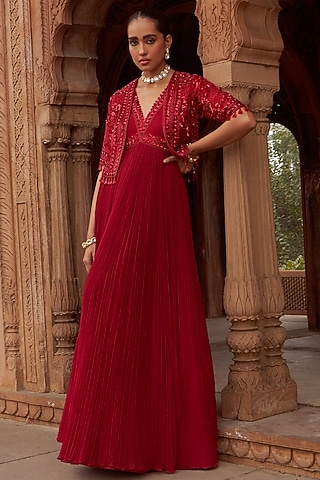 Red Georgette Sequins Embroidered Anarkali Set by Nidhika Shekhar