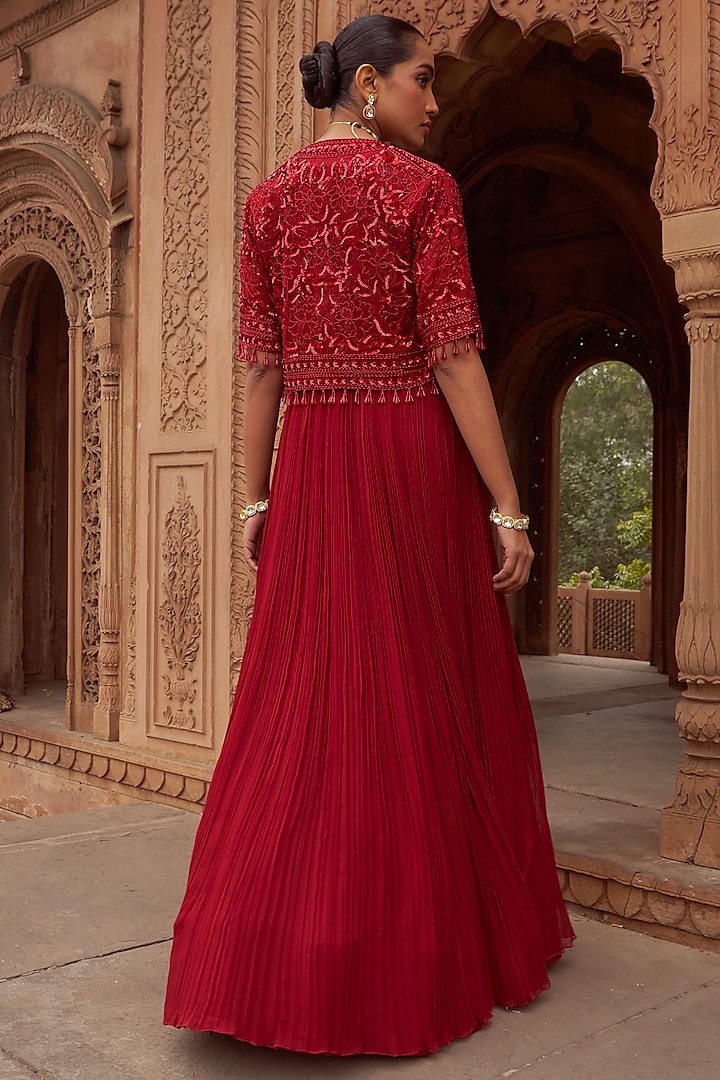 Red Georgette Sequins Embroidered Wedding Anarkali Set by Nidhika Shekhar at Pernia's Pop Up Shop