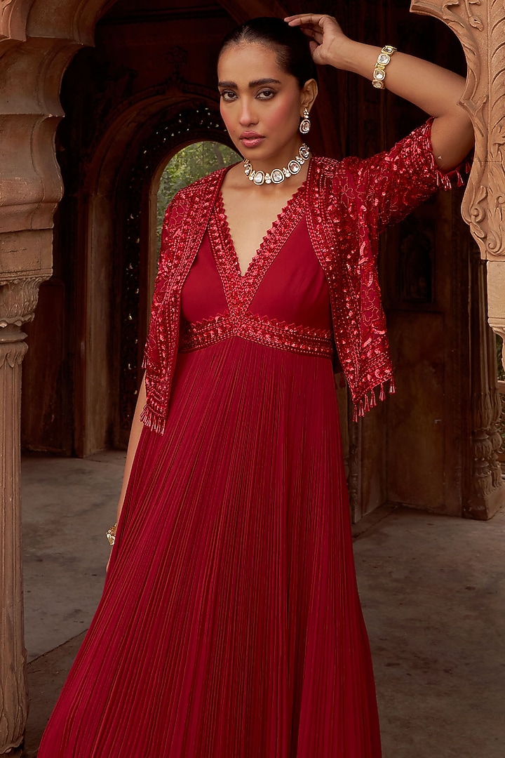 Red Georgette Sequins Embroidered Wedding Anarkali Set by Nidhika Shekhar at Pernia's Pop Up Shop