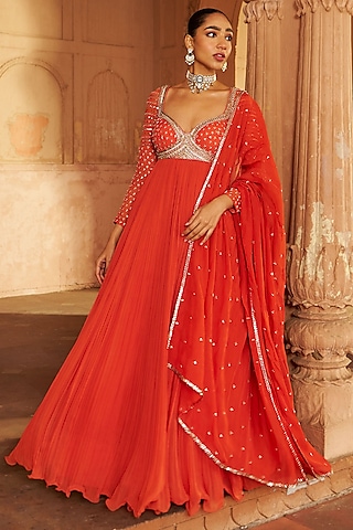 Rust Georgette & Organza Sequins Embroidered Anarkali Set by Nidhika Shekhar