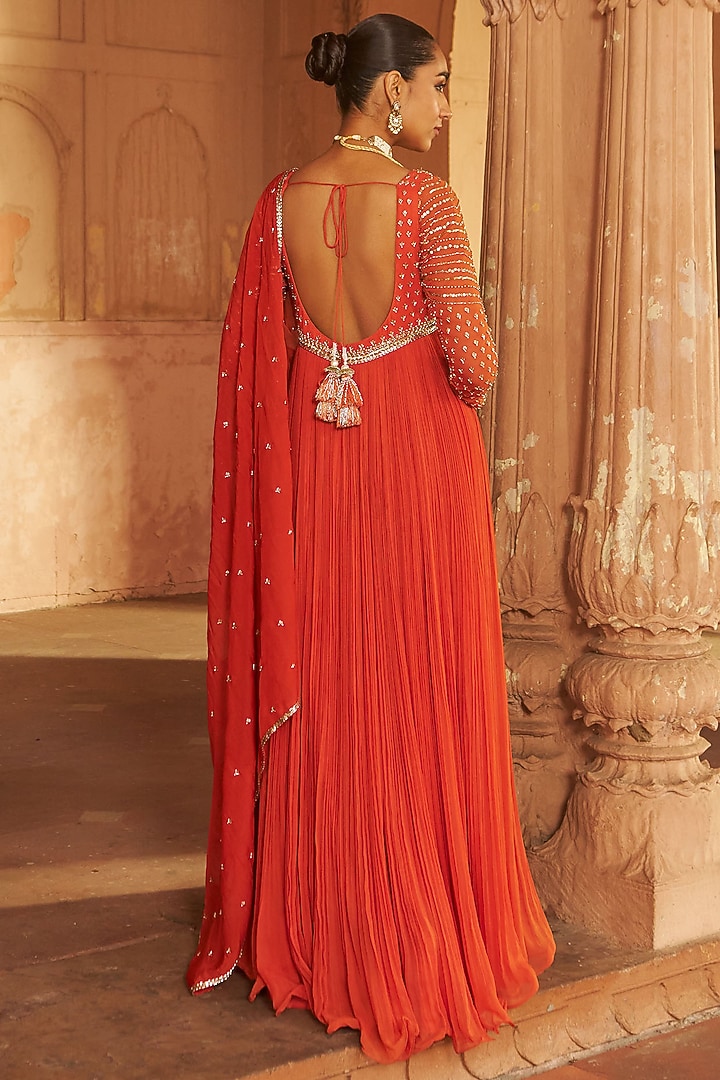 Rust Georgette & Organza Sequins Embroidered Wedding Anarkali Set by Nidhika Shekhar at Pernia's Pop Up Shop