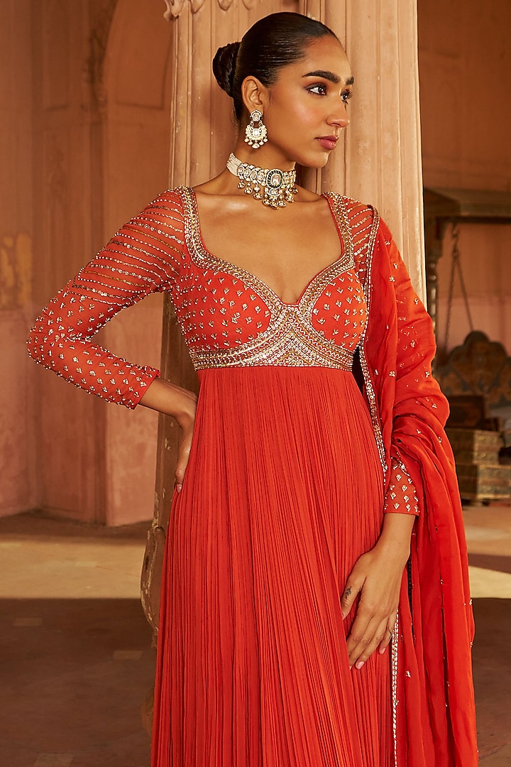 Rust Georgette & Organza Sequins Embroidered Wedding Anarkali Set by Nidhika Shekhar at Pernia's Pop Up Shop