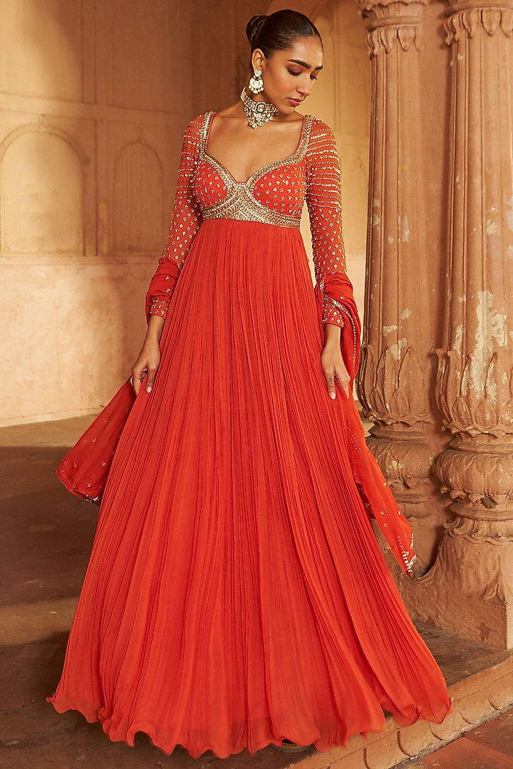 Rust Georgette & Organza Sequins Embroidered Wedding Anarkali Set by Nidhika Shekhar at Pernia's Pop Up Shop