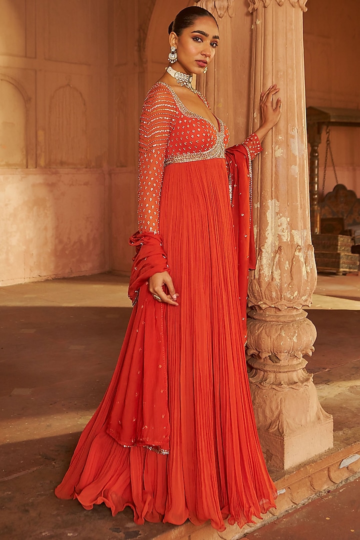 Rust Georgette & Organza Sequins Embroidered Wedding Anarkali Set by Nidhika Shekhar at Pernia's Pop Up Shop
