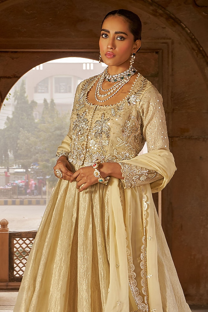 Golden Tissue Wedding Anarkali Set by Nidhika Shekhar at Pernia's Pop Up Shop