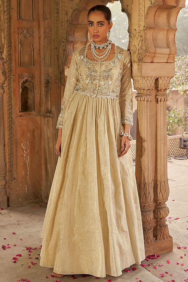 Golden Tissue Wedding Anarkali Set by Nidhika Shekhar at Pernia's Pop Up Shop
