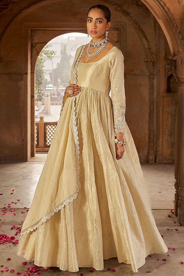 Golden Tissue Wedding Anarkali Set by Nidhika Shekhar at Pernia's Pop Up Shop