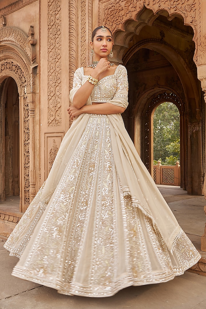 Dirty Ivory Organza Embroidered Wedding Lehenga Set by Nidhika Shekhar at Pernia's Pop Up Shop