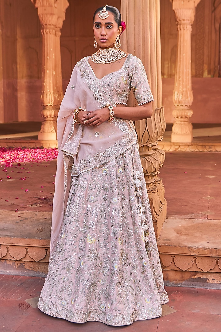 Pink Silk Hand & Machine Embroidered Wedding Lehenga Set by Nidhika Shekhar at Pernia's Pop Up Shop