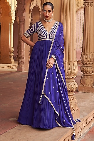 Purple Georgette & Organza Sequins Embroidered Anarkali Set by Nidhika Shekhar