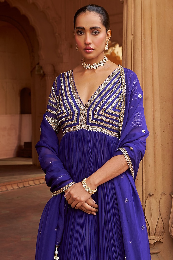 Purple Georgette & Organza Sequins Embroidered Wedding Anarkali Set by Nidhika Shekhar at Pernia's Pop Up Shop